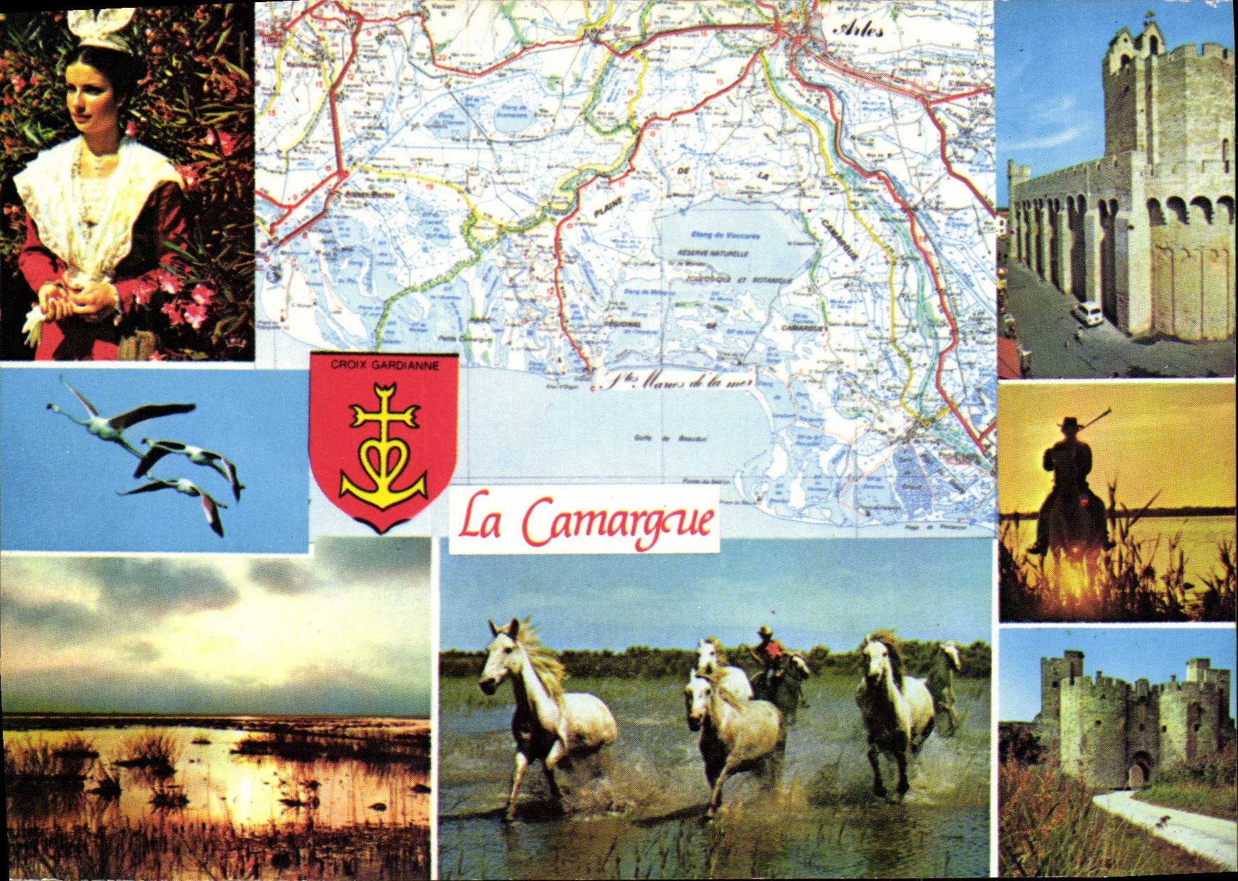 La Camargue — paysage, chevaux, château, femme en costume — Société P.E.C. Marseille