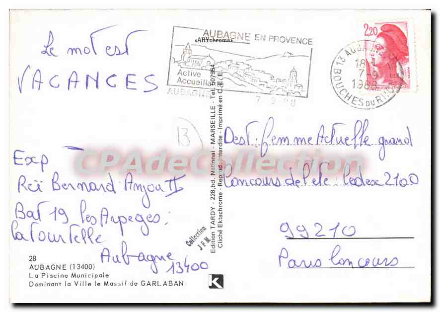 CPSM Aubagne La Piscine Municipale Dominant la Ville le Massif de Garlaban  — Rückseite