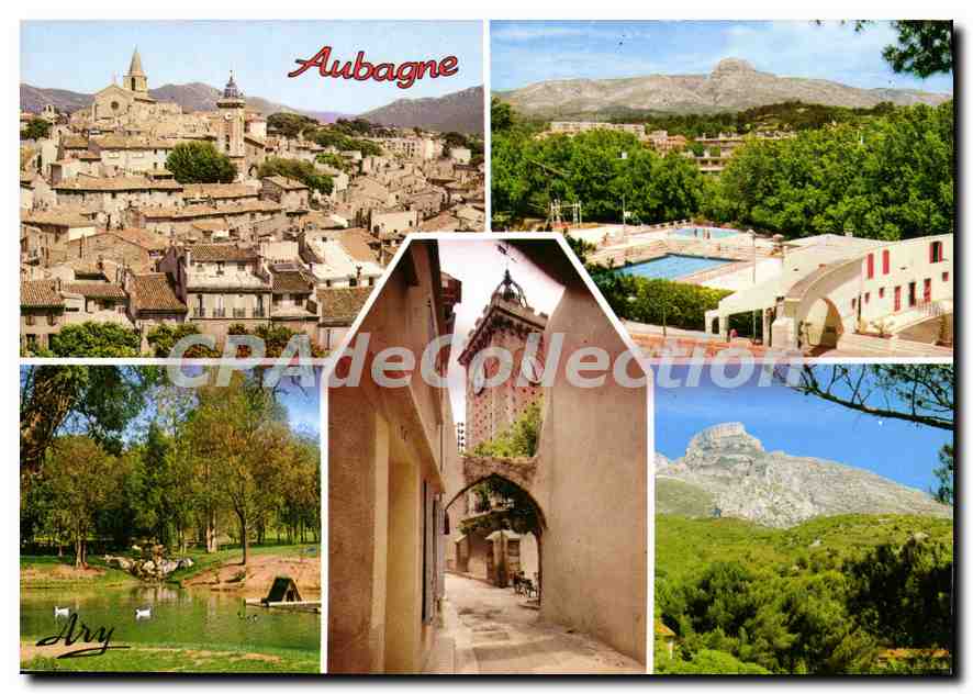 CPSM Aubagne Vue Generale La Piscine Le jardin public L'Horloge Le Garlaban 