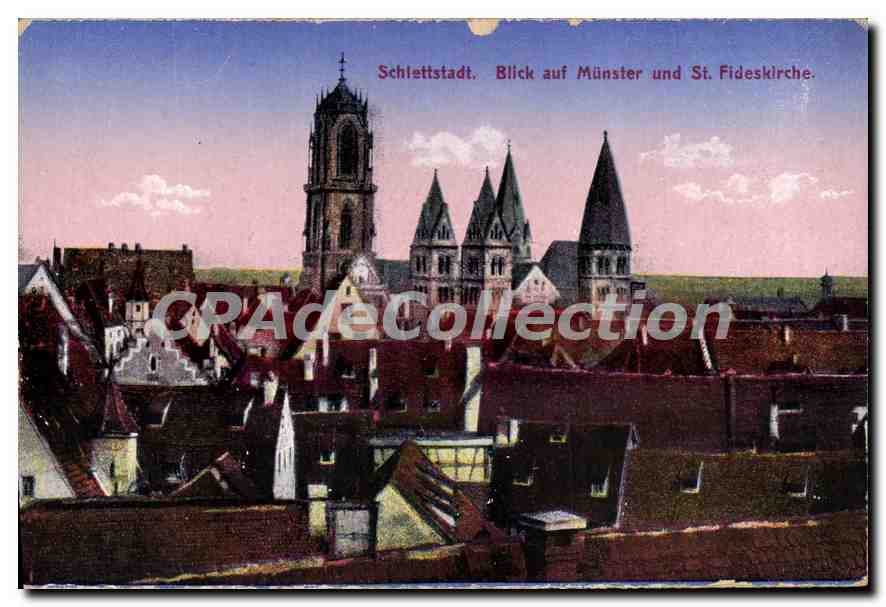 Schlettstadt — Vue sur le Münster et l'église St. Fides — W. Springer Söine, Straßburg i. Els