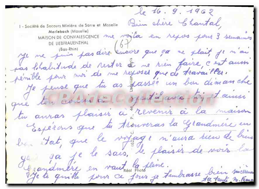 CPSM Merlebach Moselle Maison de Convalescence de liebfrauenthal société secours Minière — Verso