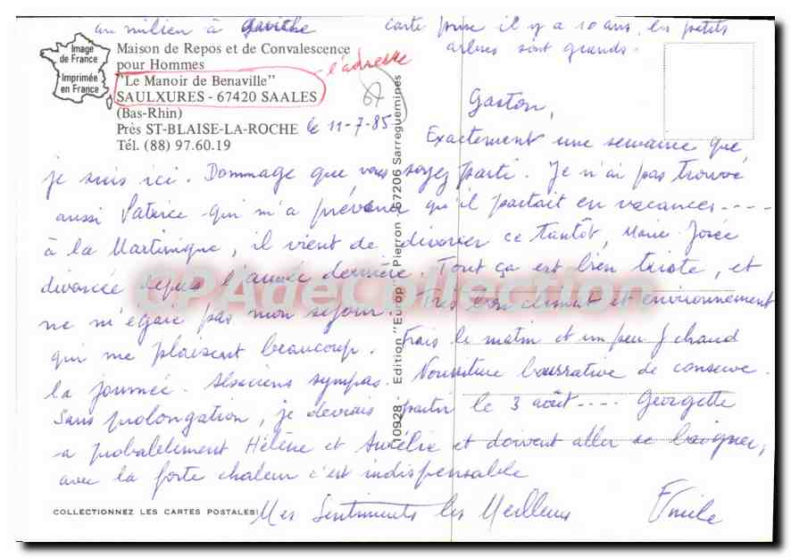 CPSM Le Manoir de Benaville Saulxures SAALES près St-blaise-la roche Maison de repos et de Convalesc — Rückseite