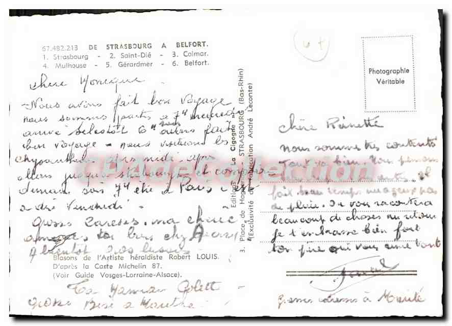 CPSM De Strasbourg a Belfort Saint Dié Colmar Mulhouse Gérardmer Belfort — Rückseite