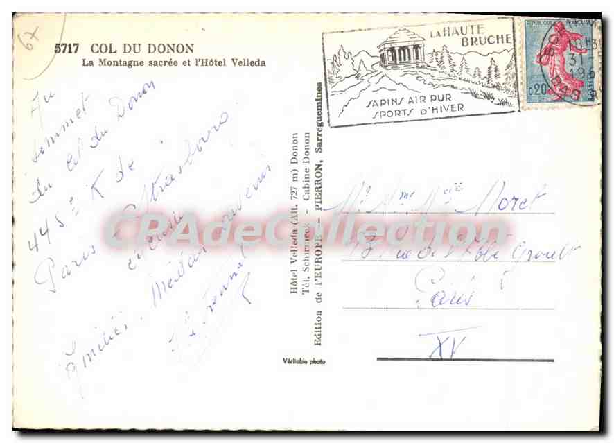 CPSM Col du Donon La Montagne sacree et l'Hotel Velleda  — Verso