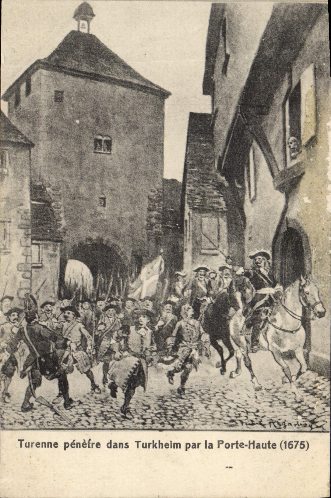 Turenne enters Turkheim through the High Gate (1675) — illustration by Régarnay — Papeterie A. Murat, Turkheim