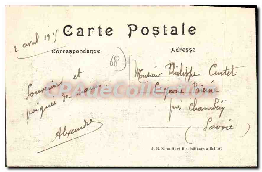 Aspach-le-Haut — Quartier de la mairie et de l'église bombardé — J. B. Schmitt et fils, éditeurs à Belfort — Reverso