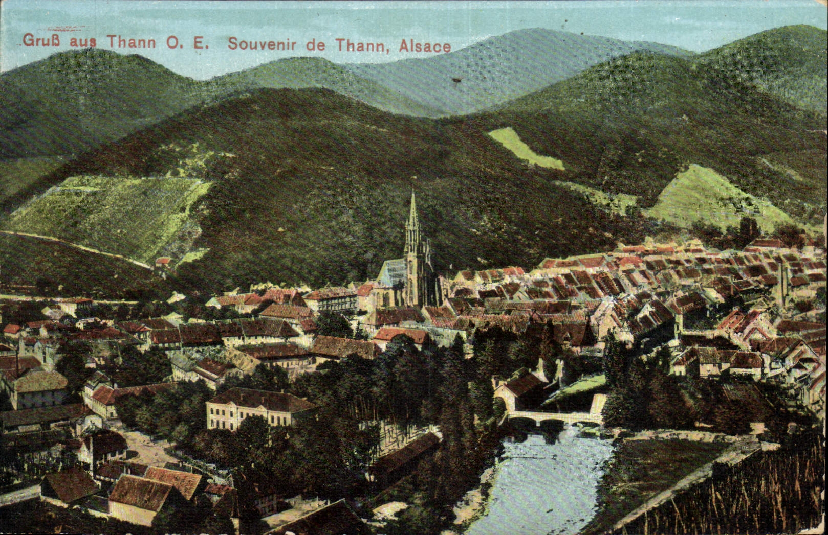 Thann, Elsaß — Panoramablick mit Kirche und Bergen — Kunstverlag J. Kunz, Sülz (O.-Els.)