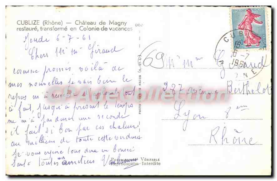 CPA Cublize Rhone Chateau de Magny restaure transforme en Colonie de vacances  — Verso