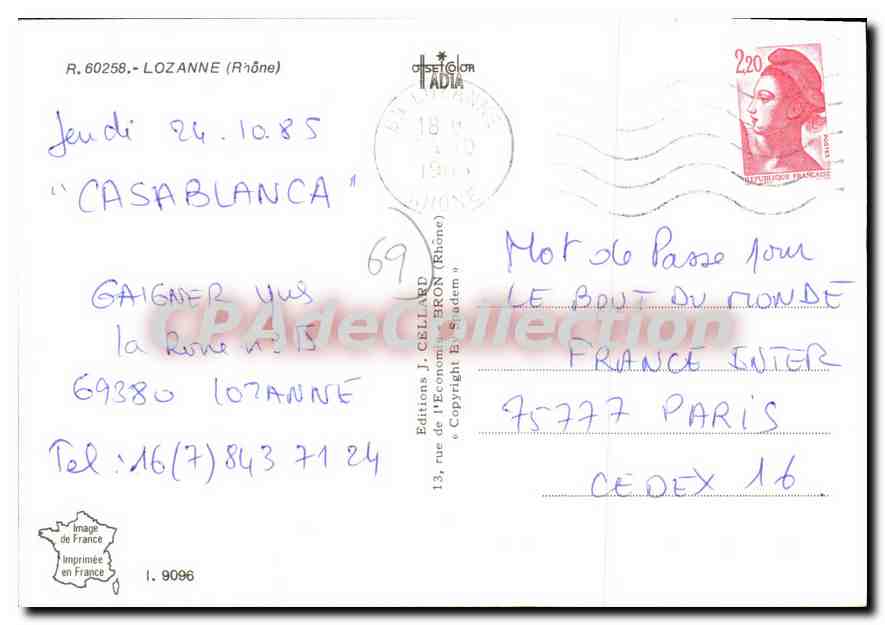 CPSM Lozanne Rhone  — Verso