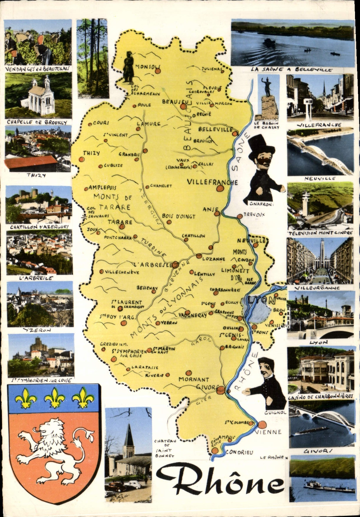 Département du Rhône — Carte postale touristique avec carte et photos de lieux — Éditions de l'Économie