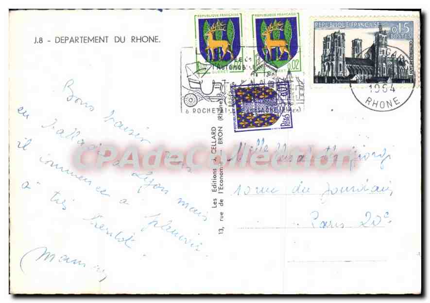 Département du Rhône — Carte postale touristique avec carte et photos de lieux — Éditions de l'Économie — Verso