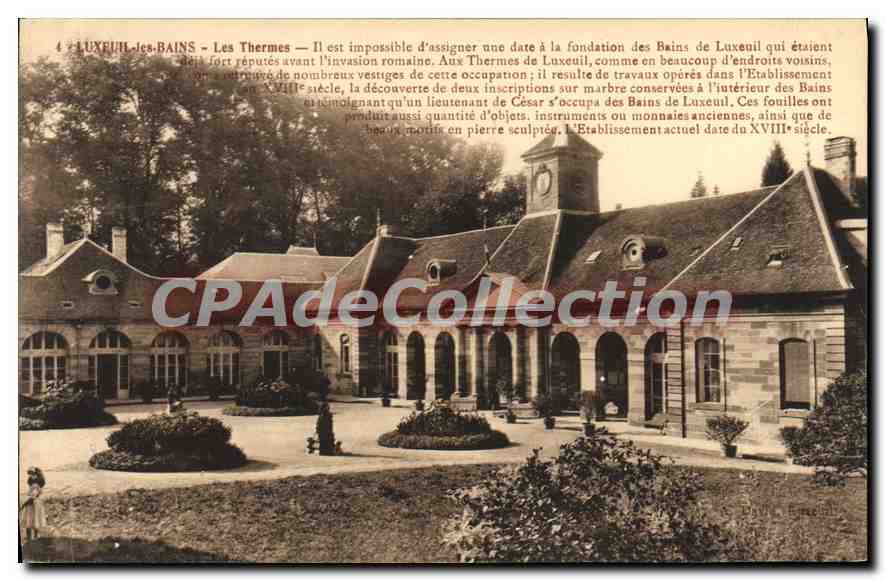 LUXEUIL-LES-BAINS — Les Thermes — texte historique sur fond de bâtiments