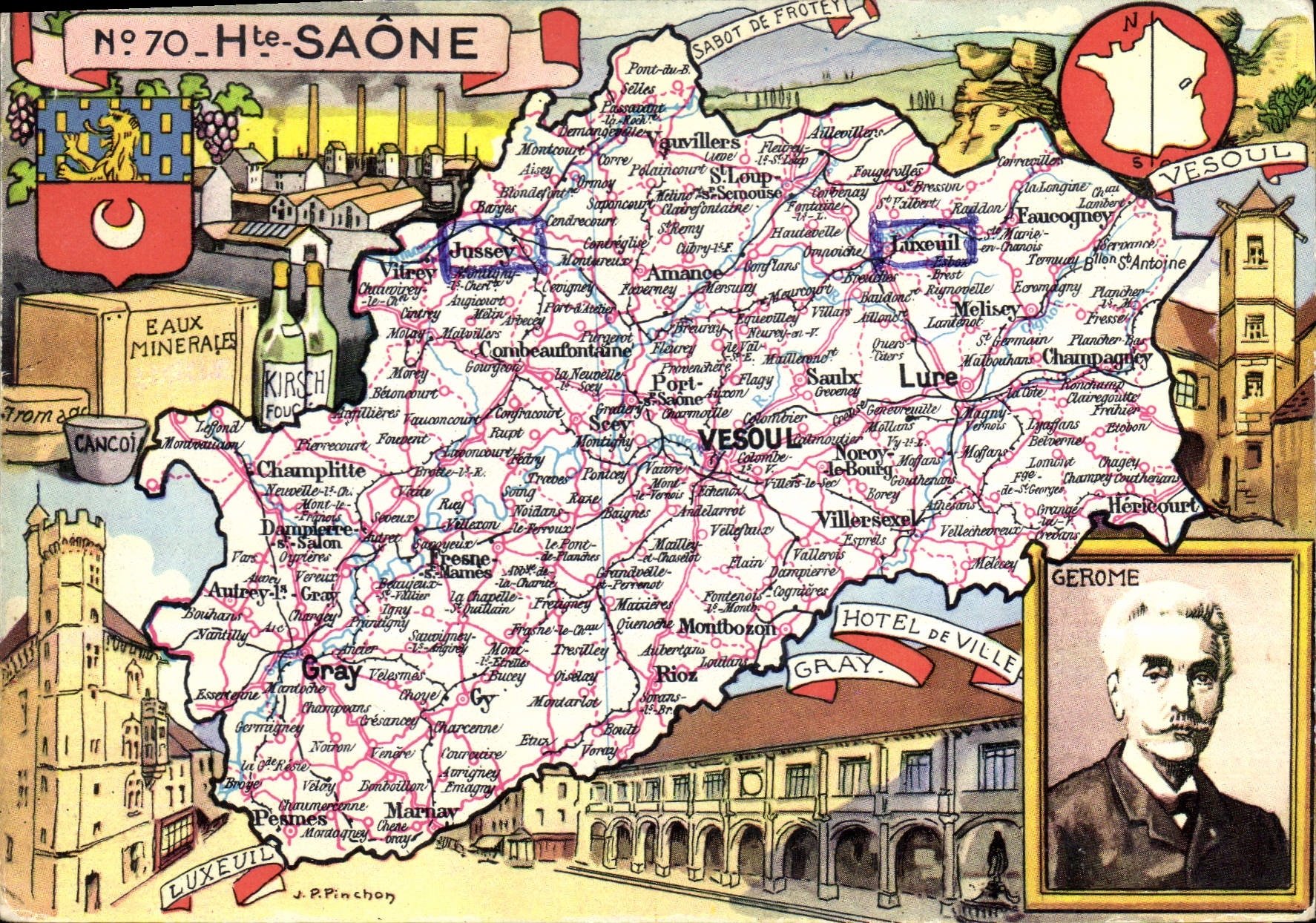 Haute-Saône — Carte postale illustrée avec carte, produits et curiosités — J. Pinchon