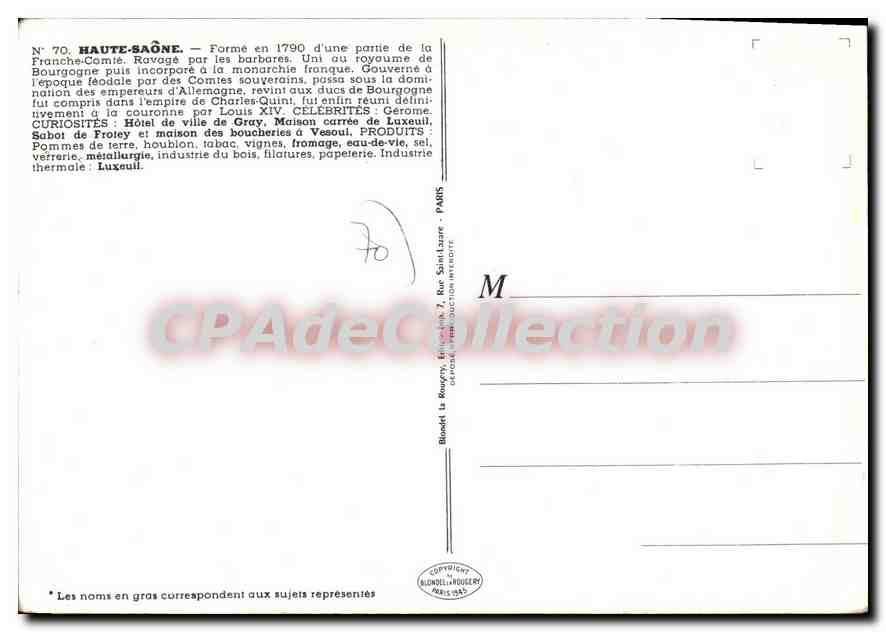 Haute-Saône — Carte postale illustrée avec carte, produits et curiosités — J. Pinchon — Verso