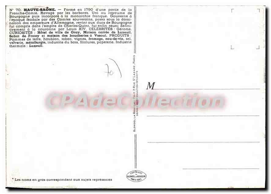 Haute-Saône — Carte postale illustrée — Éditeur Blondellia Rocce, n°70 — Rückseite