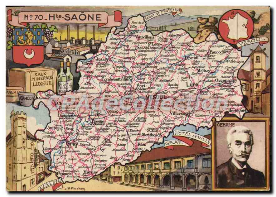 Haute-Saône — Carte postale illustrée avec carte, monuments et industrie — J.P. Pinchon
