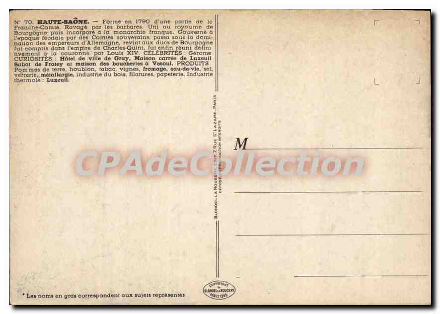 Haute-Saône — Carte postale illustrée avec carte, monuments et industrie — J.P. Pinchon — Verso