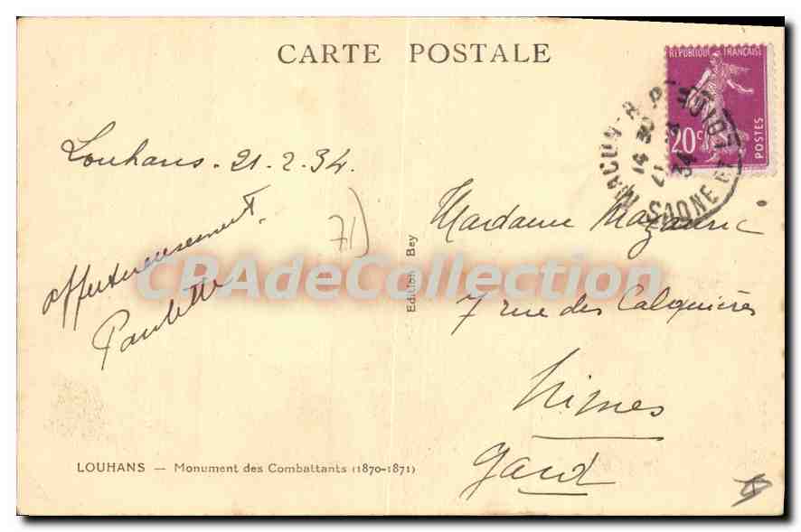 Louhans — Monument des Combattants (1870-1871) — Édition Bey — Rückseite