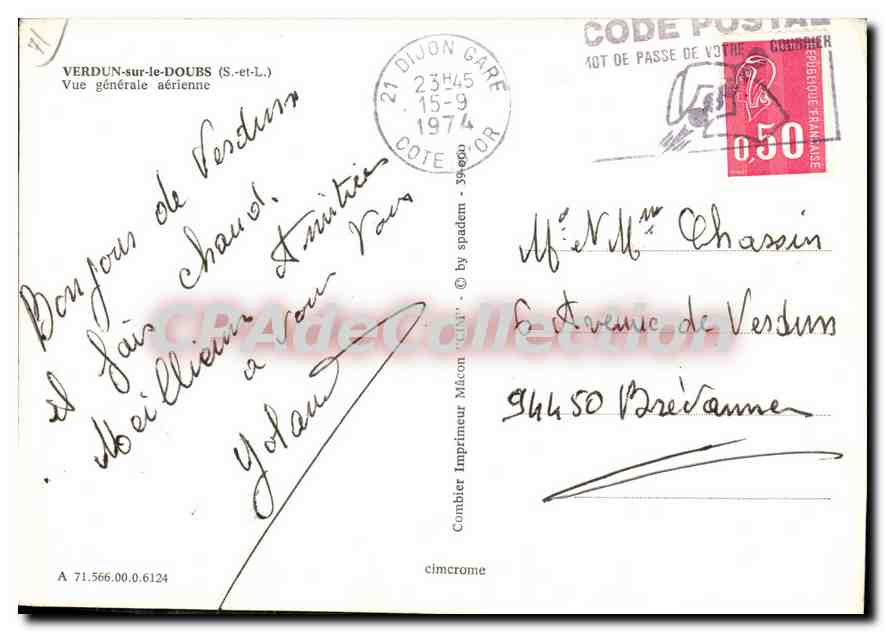 Verdun-sur-le-Doubs — Vue générale aérienne — Imprimeur Combier — Verso