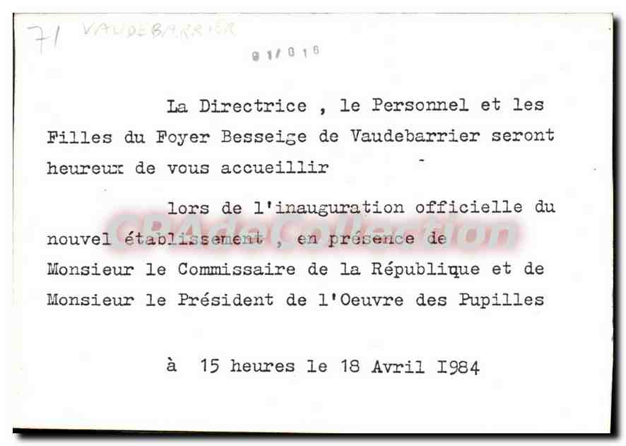 Foyer de Vaudebarrier — inauguration officielle — CPAdeCollection — Verso