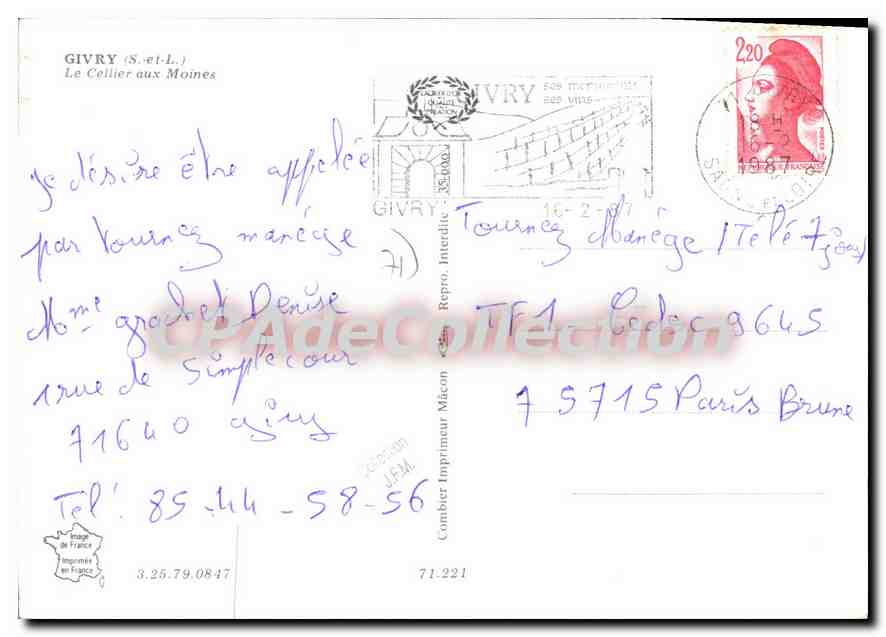 CPSM Givry S et L Le Cellier aux Moines  — Verso