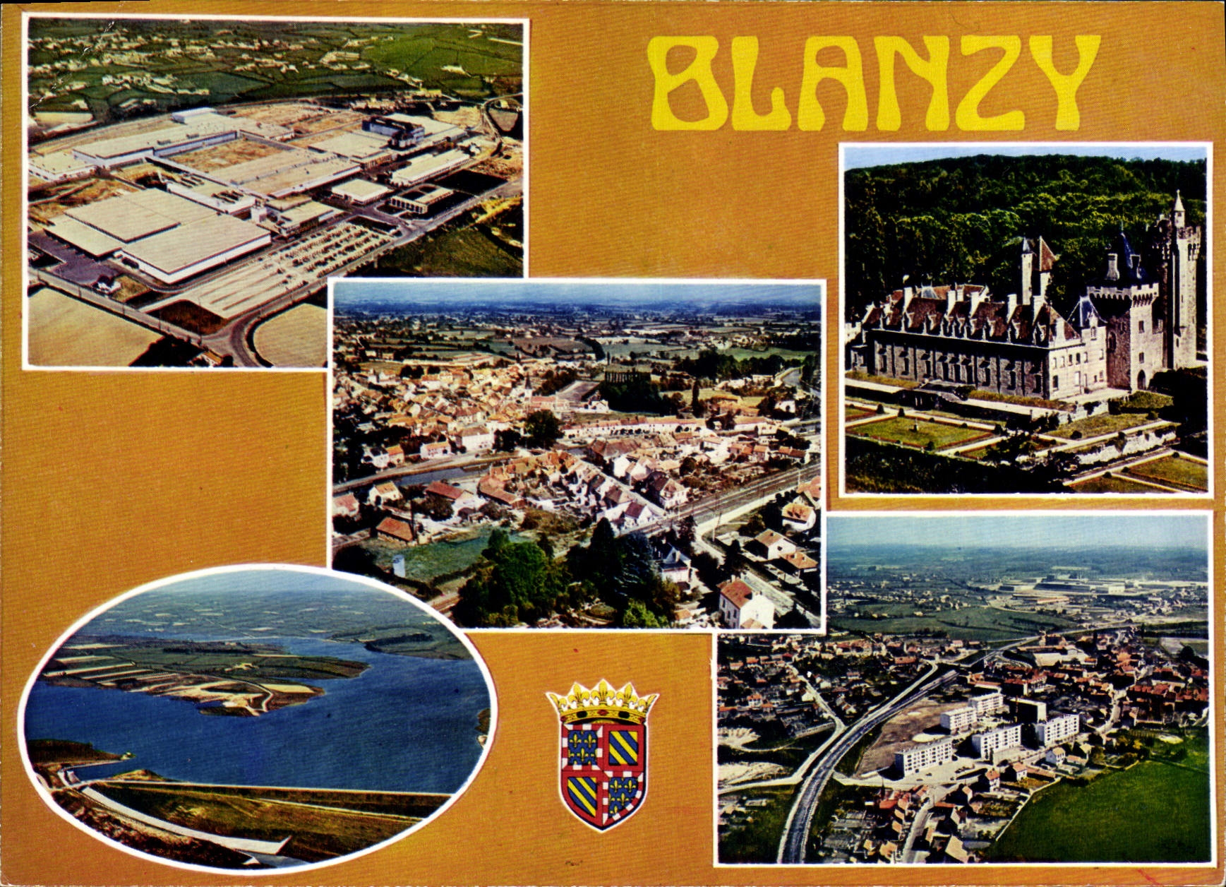 Blanzy — vue aérienne du château, du lac, de l'industrie et du village — Imprimerie Combier