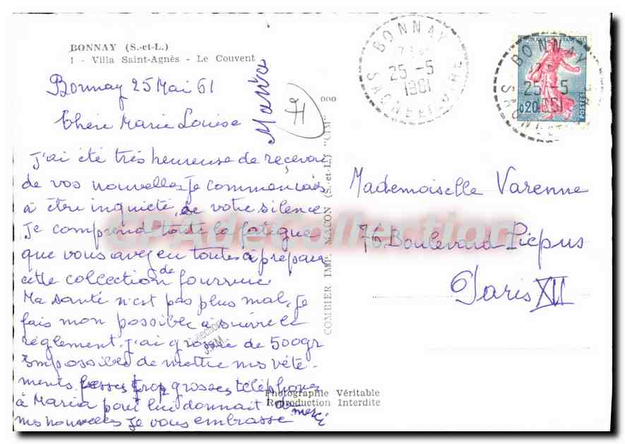 CPSM Bonnay S et L Villa Saint Agnes Le Couvent  — Rückseite
