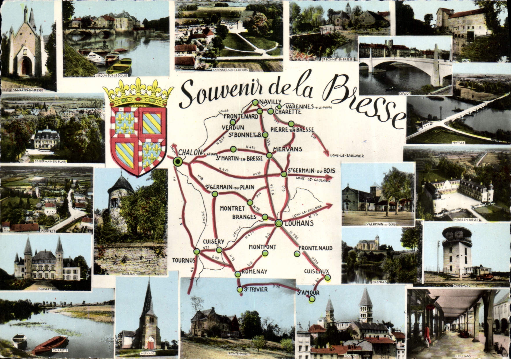Souvenir de la Bresse — Carte postale panoramique avec carte routière — Éditeur B.R. 100