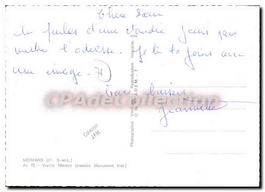 Mervans (71) - Vieille Maison (classée Monument historique) — éditeur J.F.M. — Rückseite