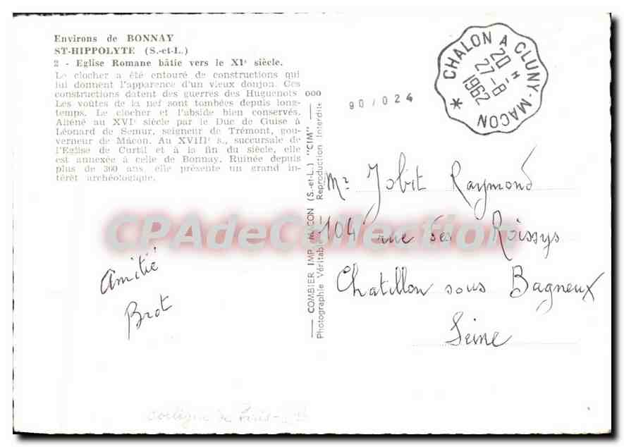 CPSM Environs de Bonnay St Hippolyte S et L Eglise Romane batie vers le XI siecle — Verso