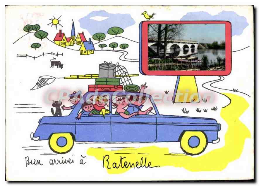 Arrivée à Ratenelle — dessin d'une famille en voiture avec photo d'un pont — éditeur non visible
