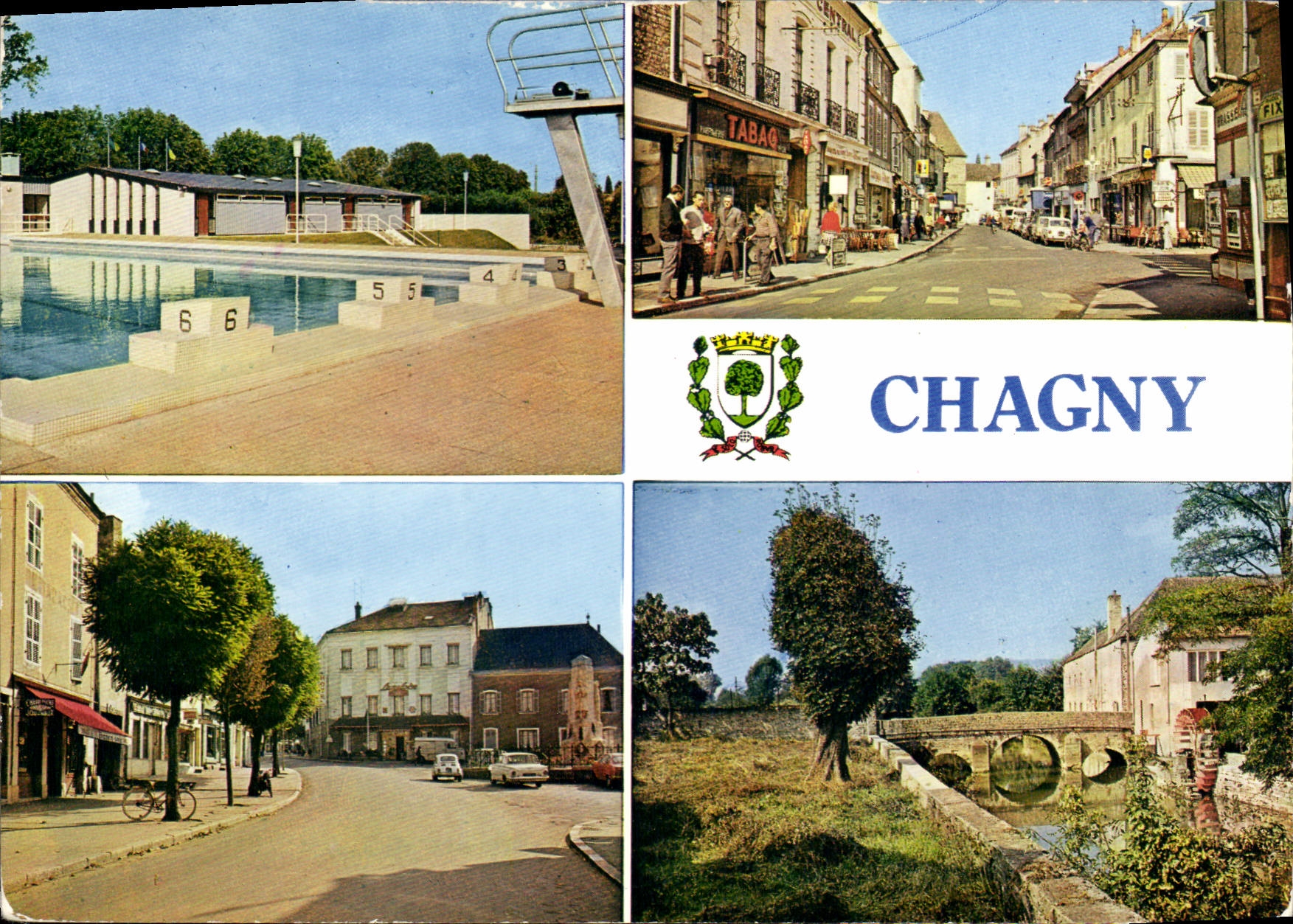 Chagny — vue de la piscine, rue commerçante, rue piétonne et pont sur le canal — Imprimerie Combiére