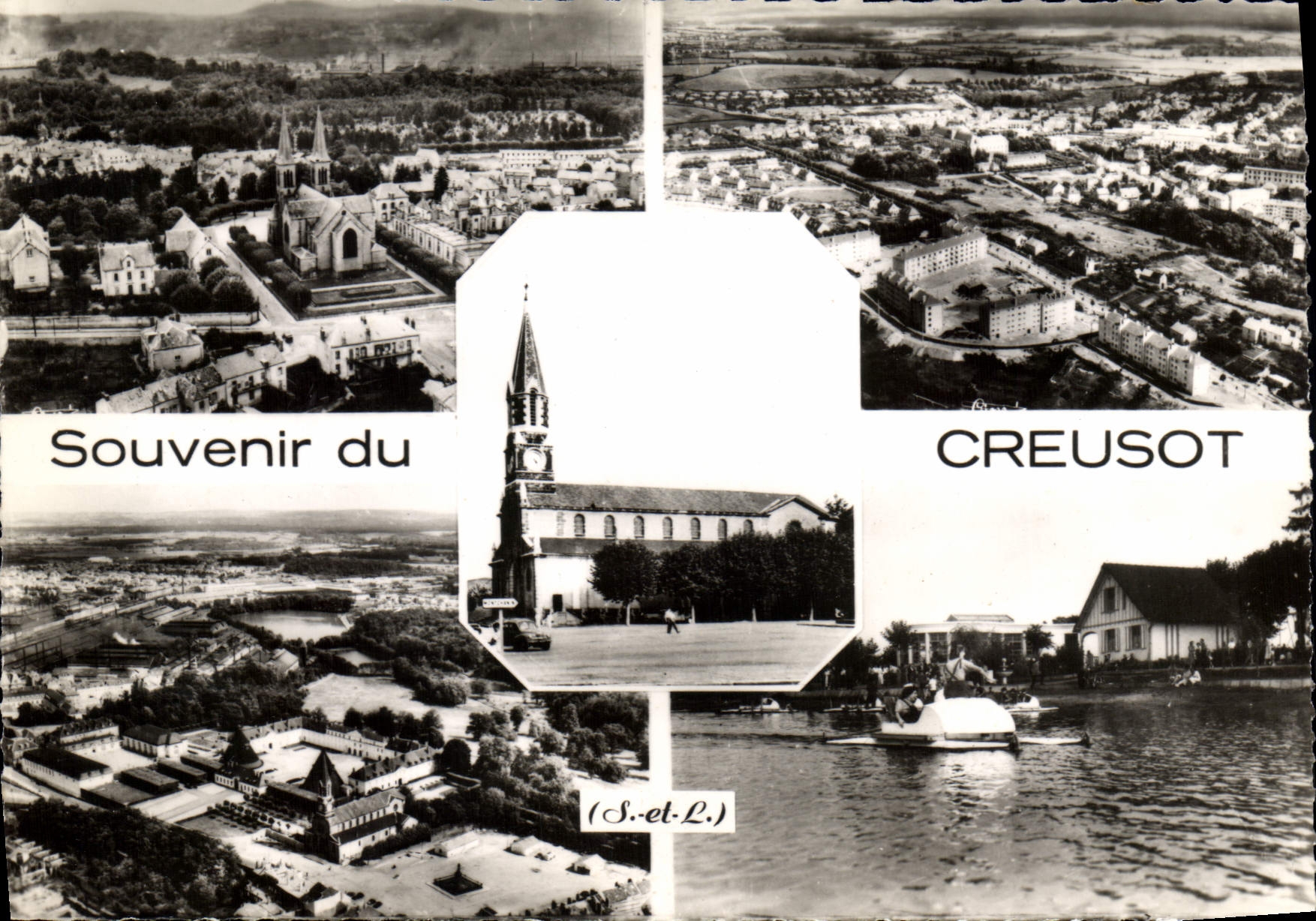 Souvenir du Creusot — vue aérienne et monumentale — éditeur Combiér J.F.M. - Recto