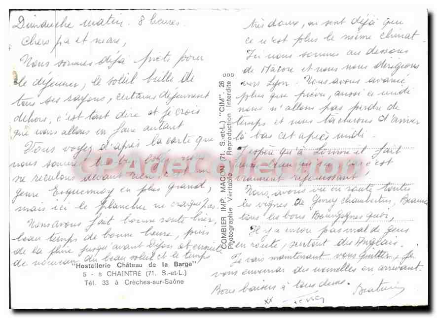 Hostellerie Château de la Barge — Chaintre (71) — Comblain Imp. Macon — Verso