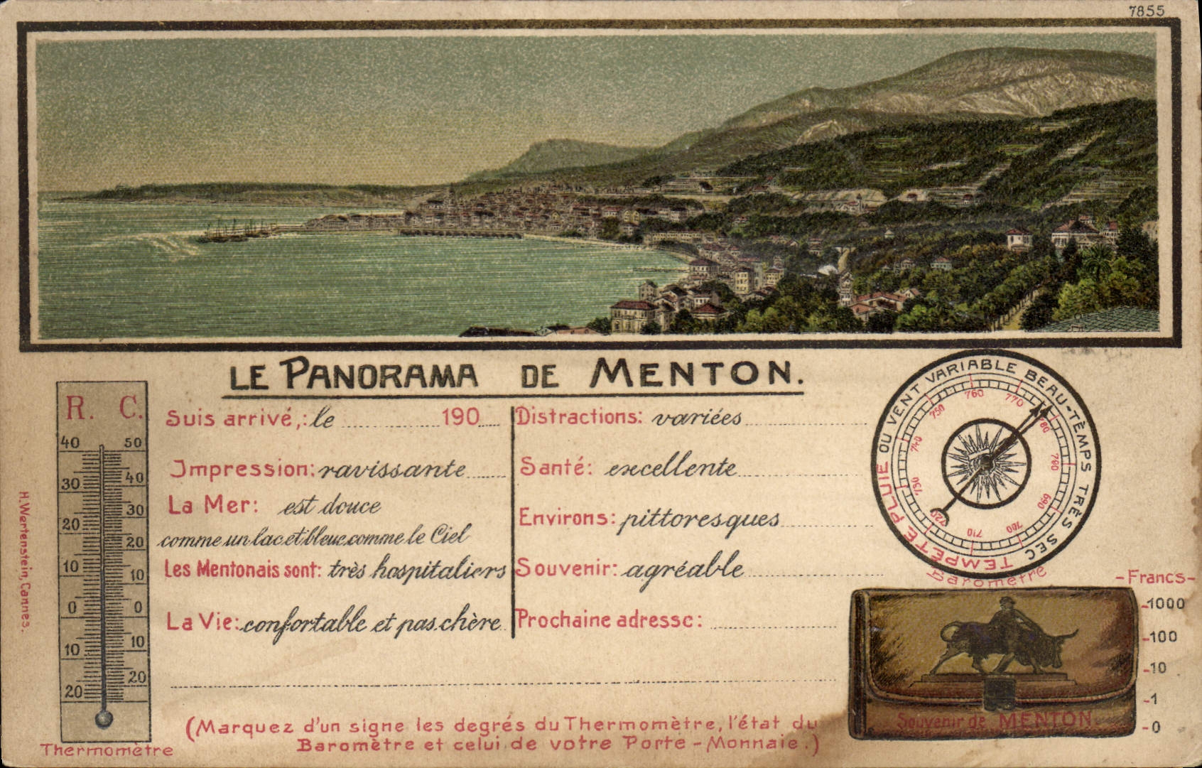 Le Panorama de Menton — Souvenir de Menton — éditeur non visible, n° de série 7855
