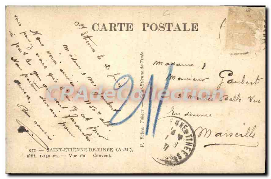 CPA Saint Etienne de Tinee A M vue du Couvent  — Rückseite