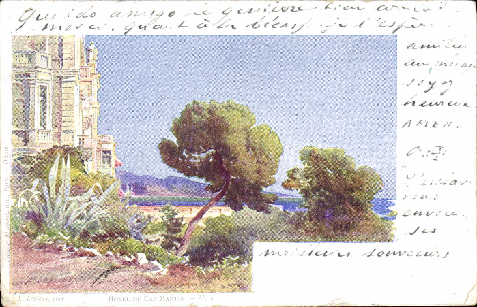 Hôtel du Cap Martin — Vue de la mer et du bâtiment — Éditeur E. Lessieux, Paris