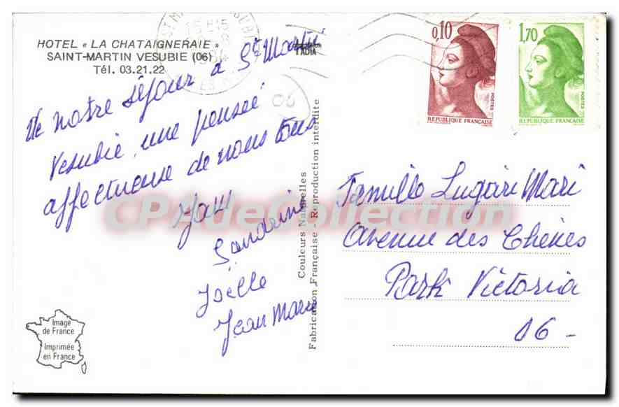 Hotel La Chataigneraie — Saint-Martin-Vesubie (06) — editore : Couleurs Napoléon — Verso