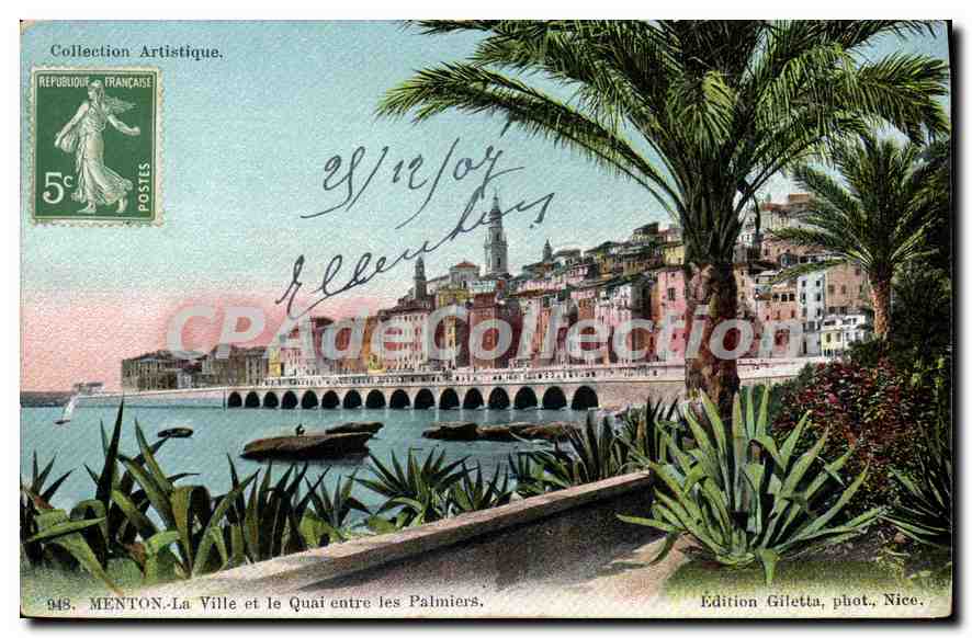 Menton - La Ville et le Quai entre les Palmiers — Édition Giletta, phot. Nice, n° 948