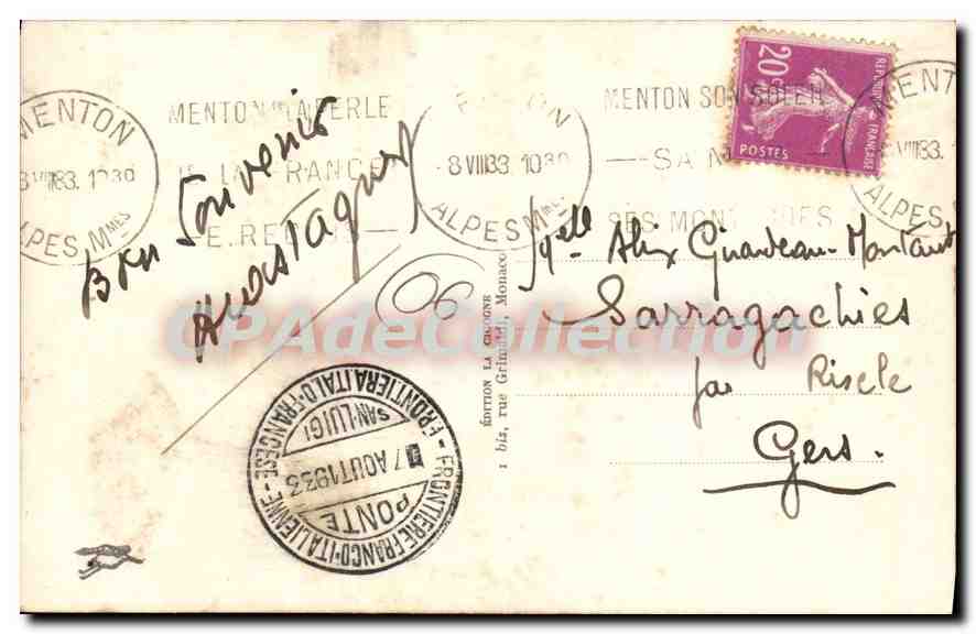 Menton - La Frontière Italienne — Douaniers Français et Italiens — éditeur non identifié, n° 359 — Verso