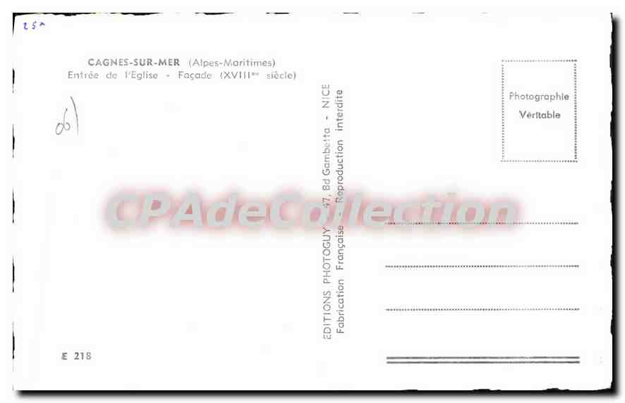 CPA Cagnes sur Mer Alpes Maritimes Entree de l'Eglise Facade XVIII siecle  — Verso