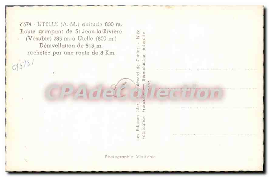 CPA Utelle Route grimpant de St Jean la Riviere  — Verso
