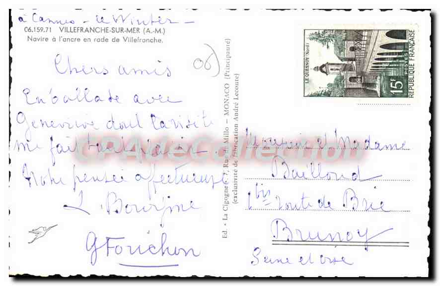 Navire à l'ancre à Villefranche-sur-Mer — La Cigogne — Éd. La Cigogne — Verso