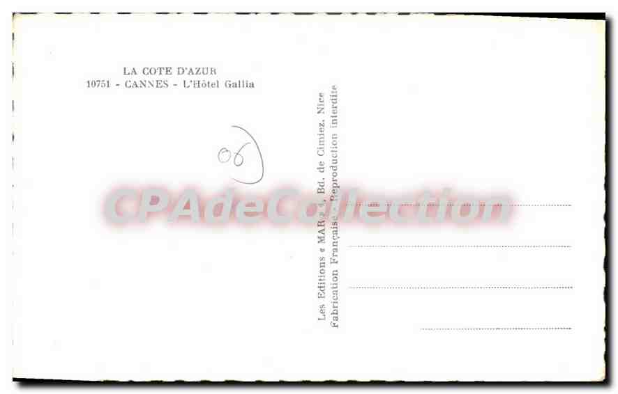 CPA La Cote d'Azur Cannes l'hotel Gallia  — Rückseite