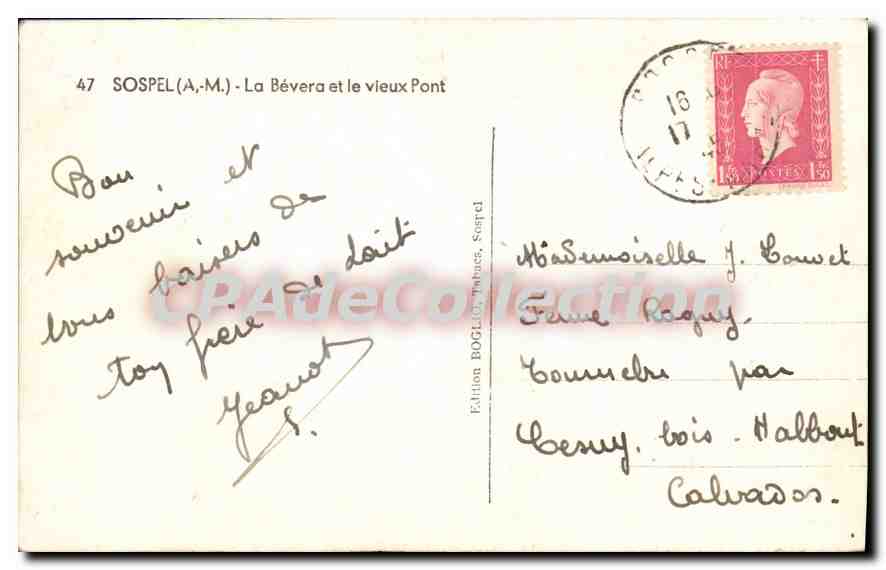 CPA Sospel la Bevera et le Vieux Pont  — Verso