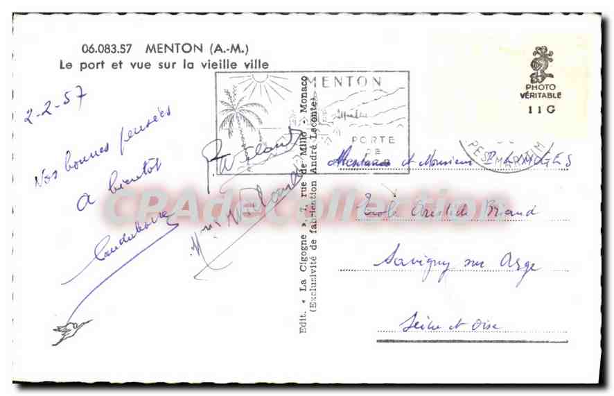 Menton — Vue du port et de la vieille ville — La Cigogne — Verso
