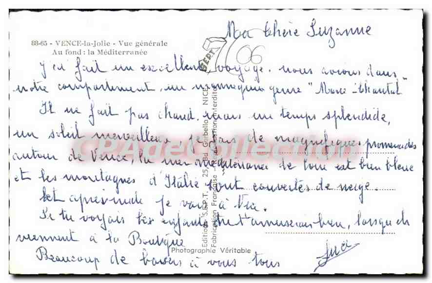Vence-la-Jolie — Vue générale — Au fond : la Méditerranée — Édition Gribello, n° 88-65 — Verso