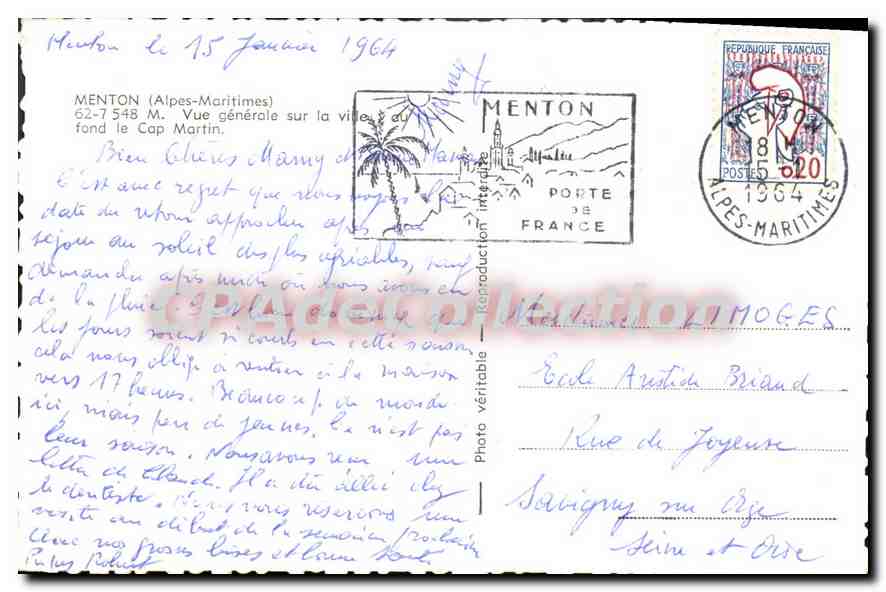 Menton (Alpes-Maritimes) — vue générale sur la ville et le Cap Martin — éditeur MENTON — Verso