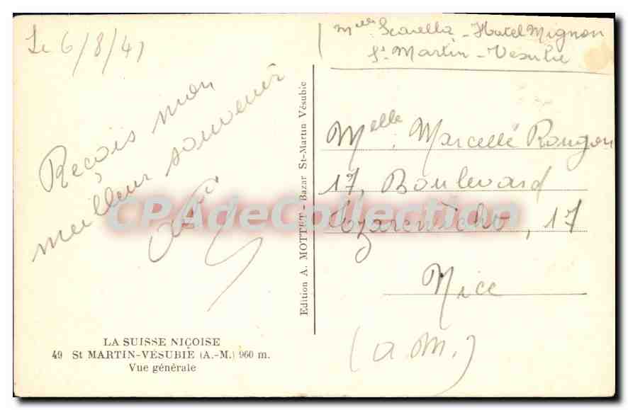 CPA La Suisse Nicoise St Martin Vesubie Vue generale  — Rückseite
