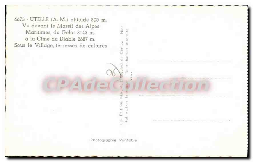 CPA Utelle vu devant le massif des Alpes maritimes du Gelas a la Cime du Diable Sous le Village terr — Achterkant